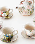 京焼 清水焼 着彩四季花 ポット / デミタス碗皿 6点セット