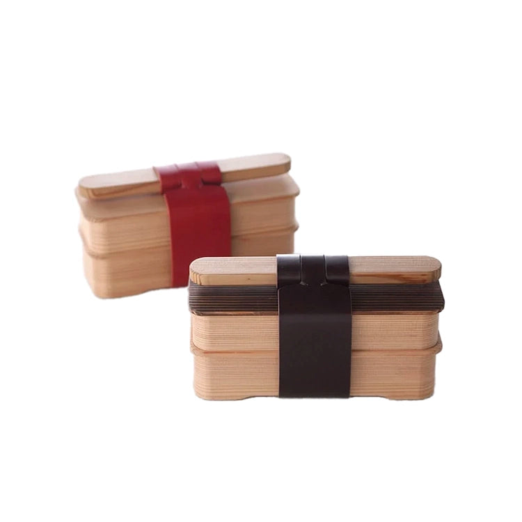 細長二段お弁当箱（大）革バンド 赤・茶 細長二段 お弁当箱 （大）革バンド / 箸セット | ギフトショップ Nihon