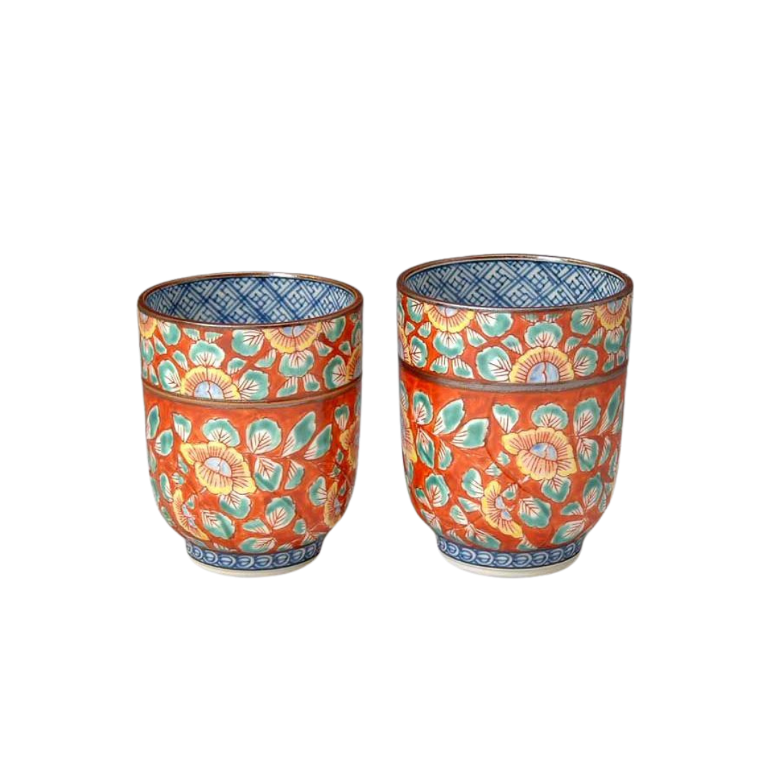 京焼 清水焼 赤濃牡丹唐草 湯呑みセット | ギフトショップ Nihon