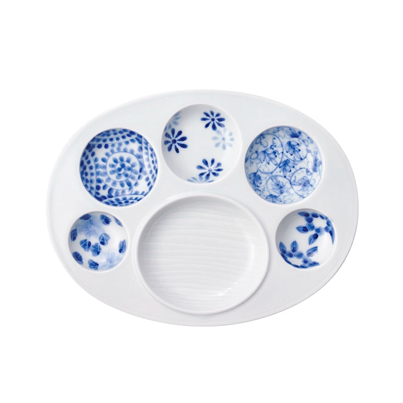 有田染付シリーズ 五柄文 楕円六品盛 | ギフトショップ Nihon Miyabi