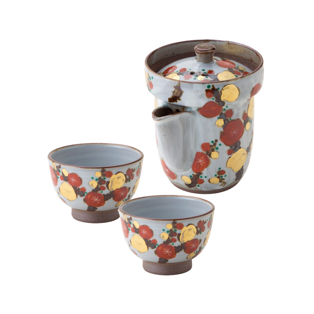 京焼 清水焼 刷毛目鉄絵彩金紅梅 宝瓶 / 汲み出し碗 セット | ギフト