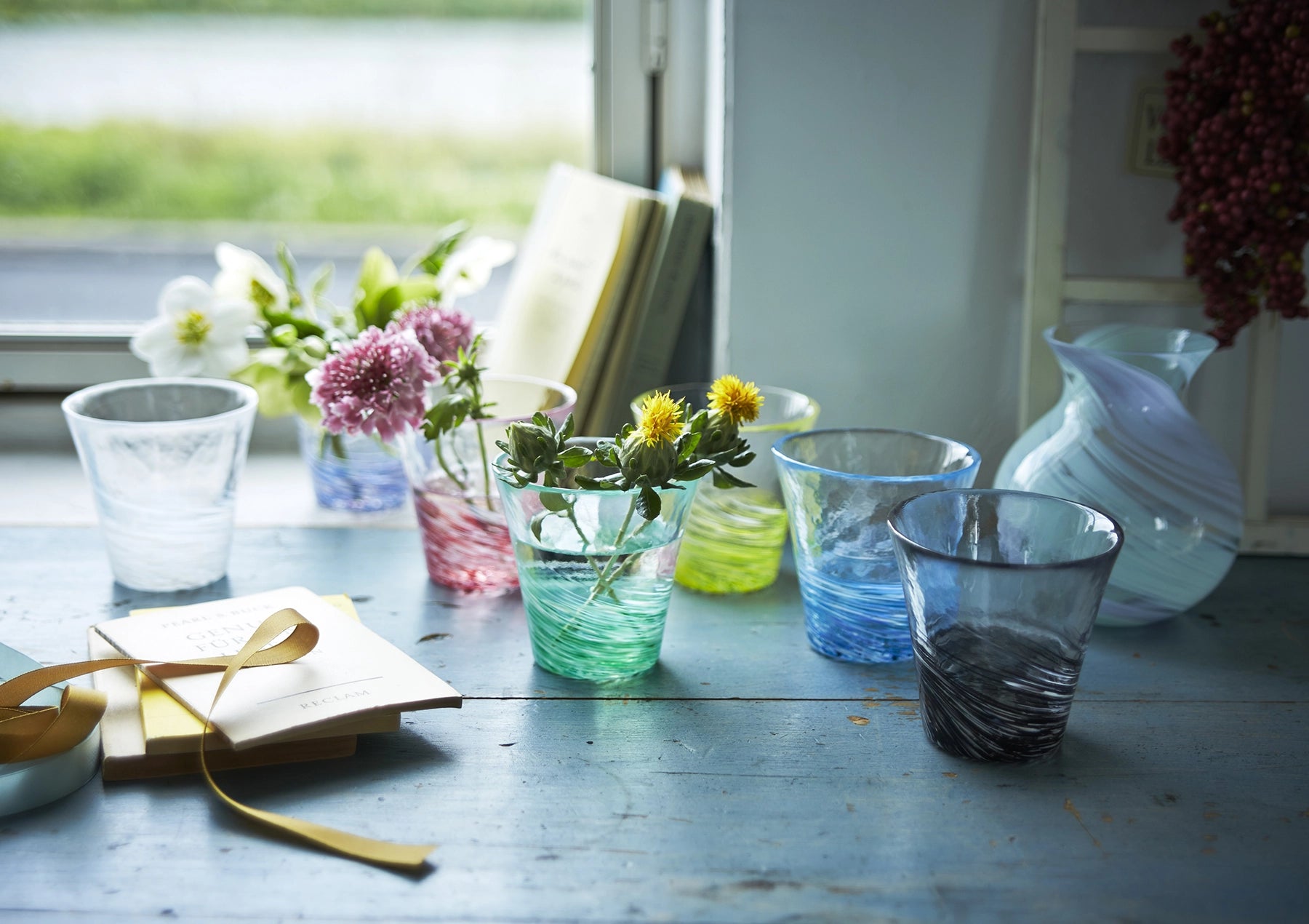 津軽びいどろ 緑と青の 花瓶 津軽びいどろ工房 津軽ごよみ 花器 奥入