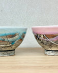 美濃焼 線刻 高台飯碗 青白/桃色