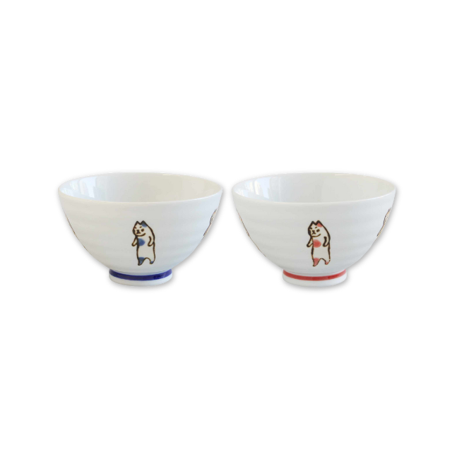 波佐見焼 Standing Cat 夫婦茶碗 青/赤 | ギフトショップ Nihon Miyabi