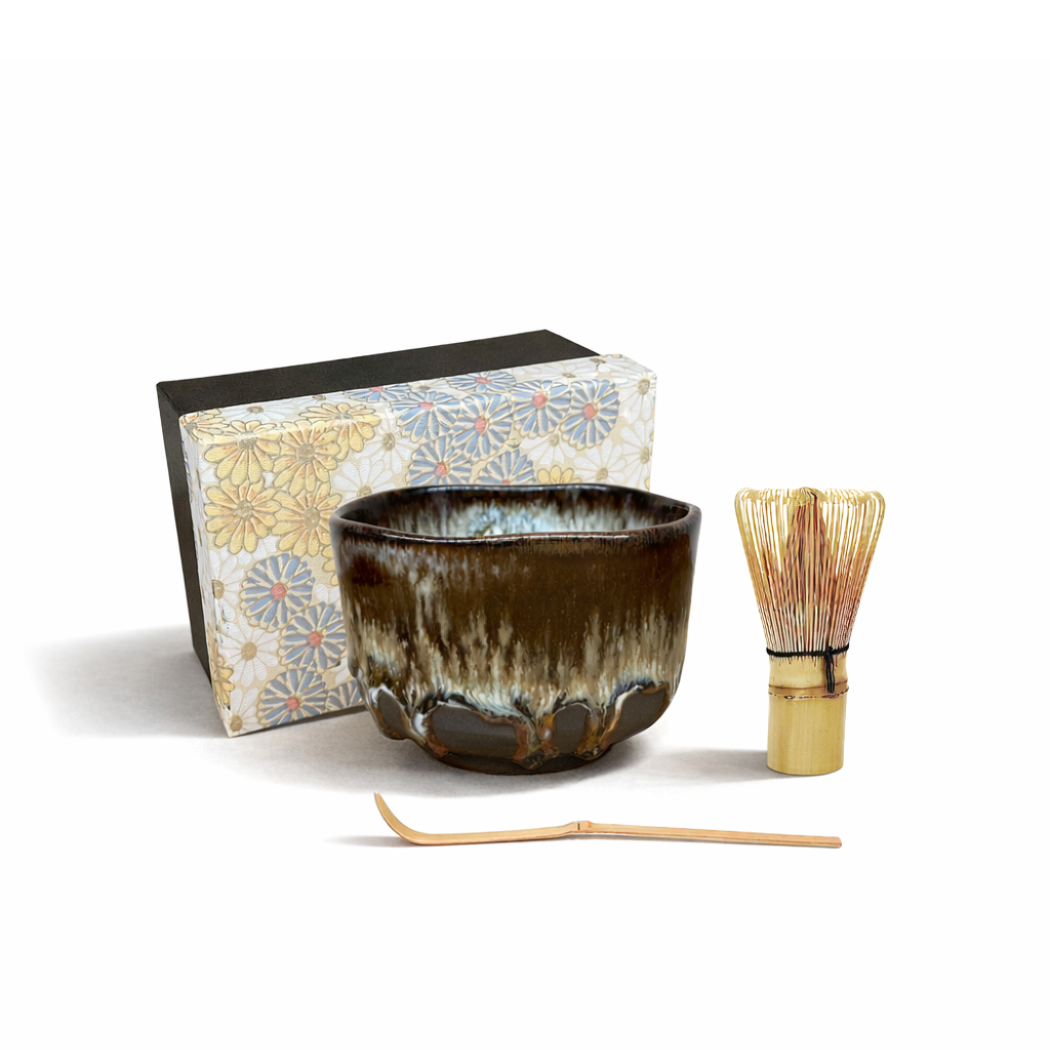 美濃焼 抹茶碗3点セット 黒土錦糸流紋線 | ギフトショップ Nihon