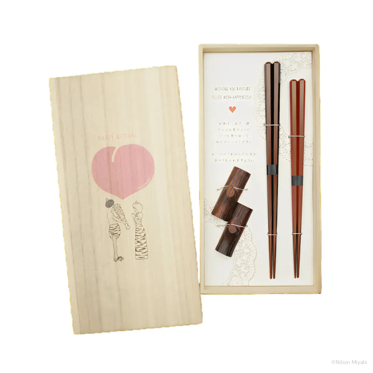 HAPPY WEDDING 鬼ヶ島の鬼（八景・切り株箸置き）夫婦箸 桐箱入り 兵