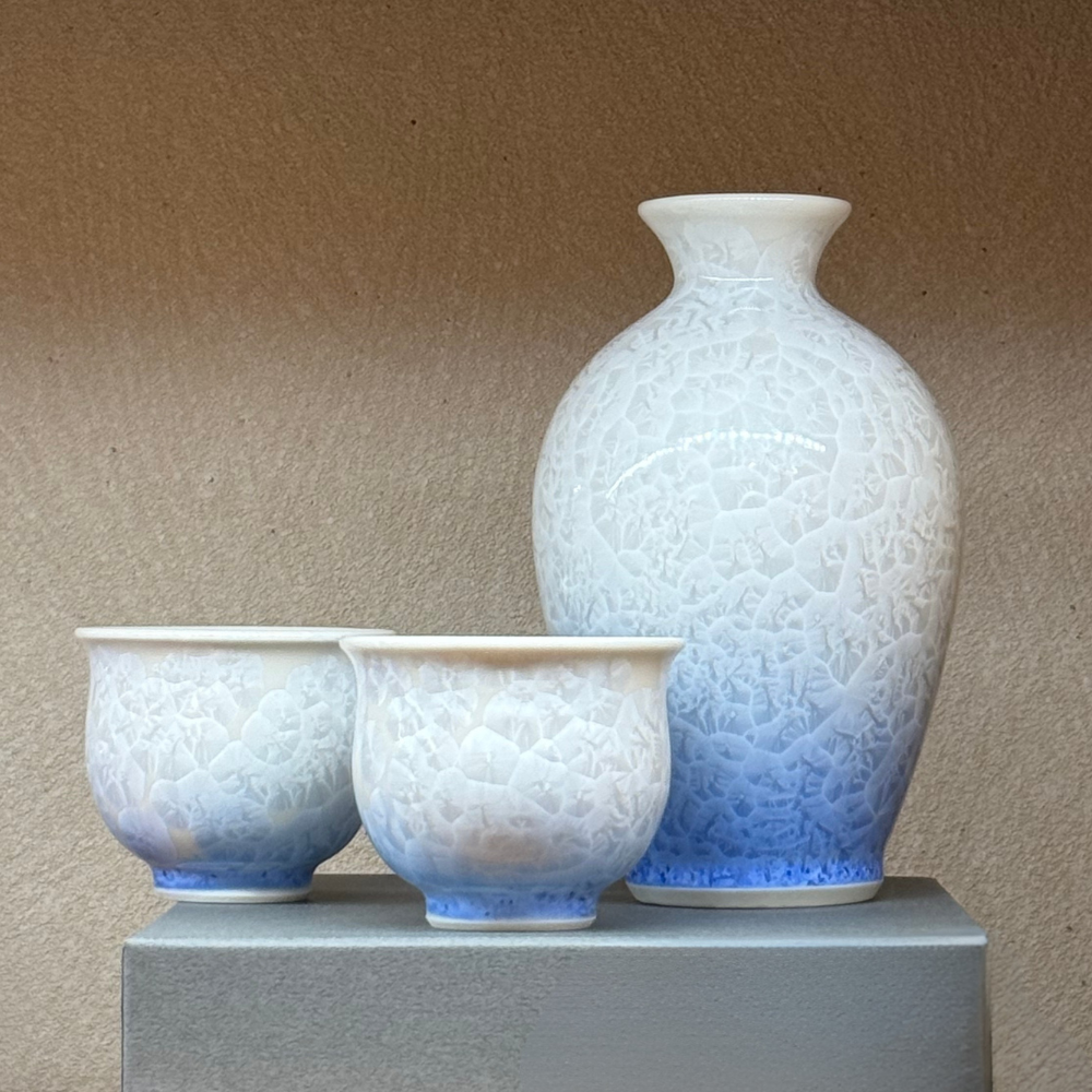 京焼 清水焼 お預け酒器セット 花結晶（白地青）