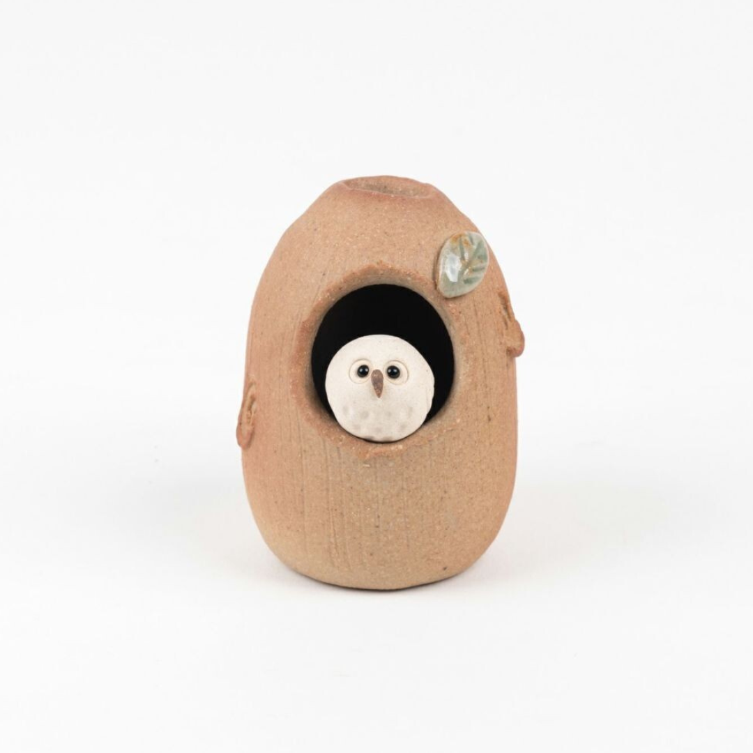 信楽焼 ミニ花瓶 うろ中ふくろう 葉つき