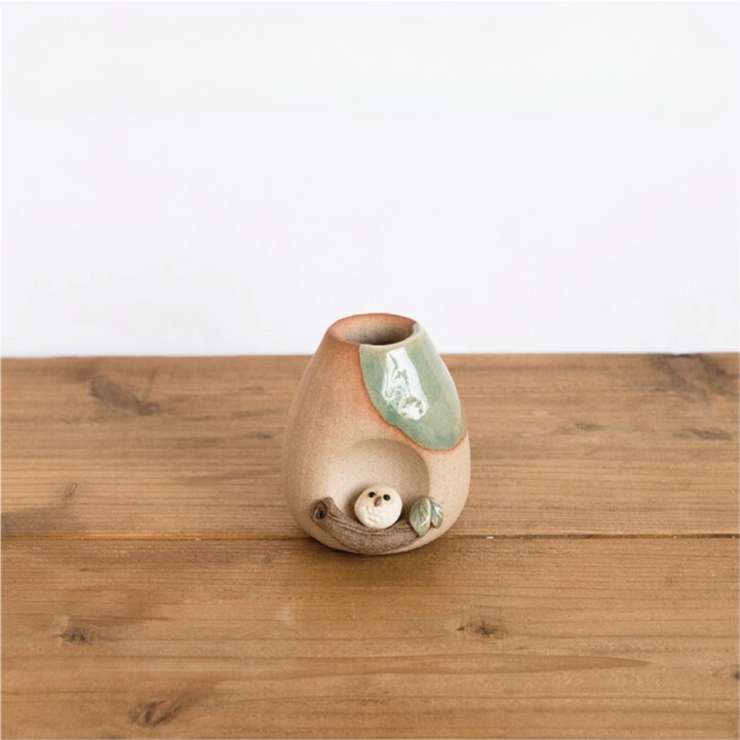 信楽焼 ミニ花瓶 枝乗りふくろう