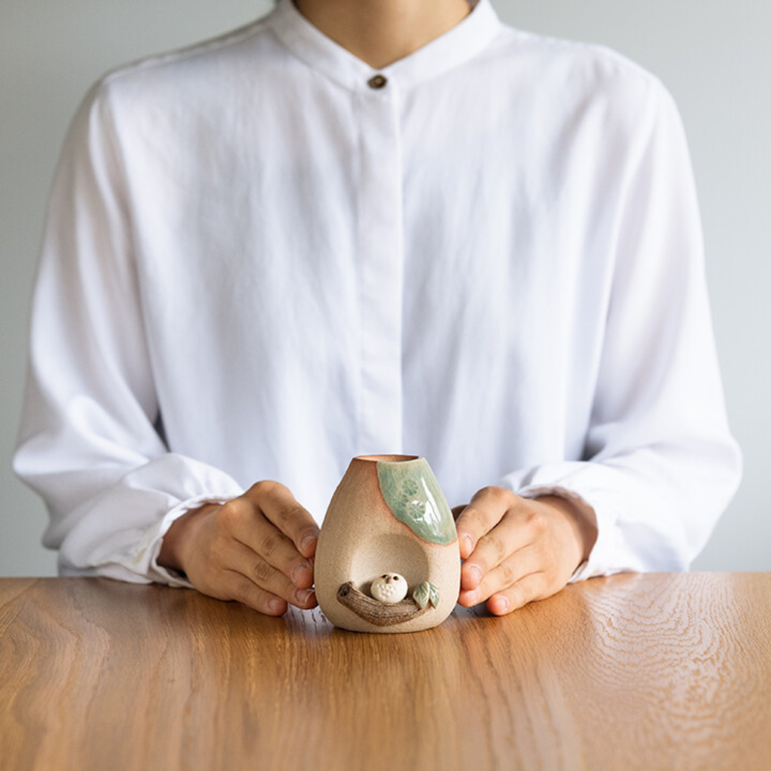 信楽焼 ミニ花瓶 枝乗りふくろう