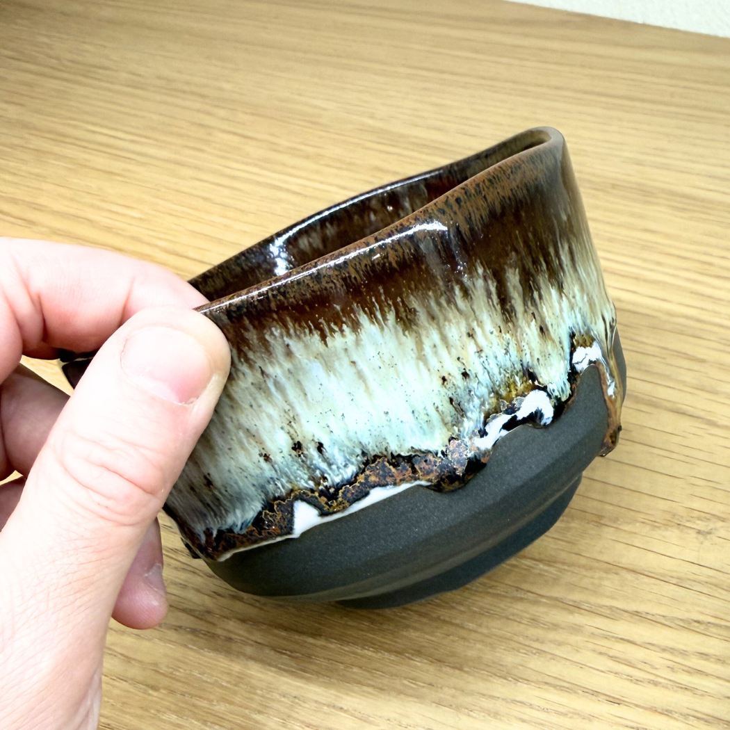 美濃焼 抹茶碗3点セット 黒土錦糸流紋線