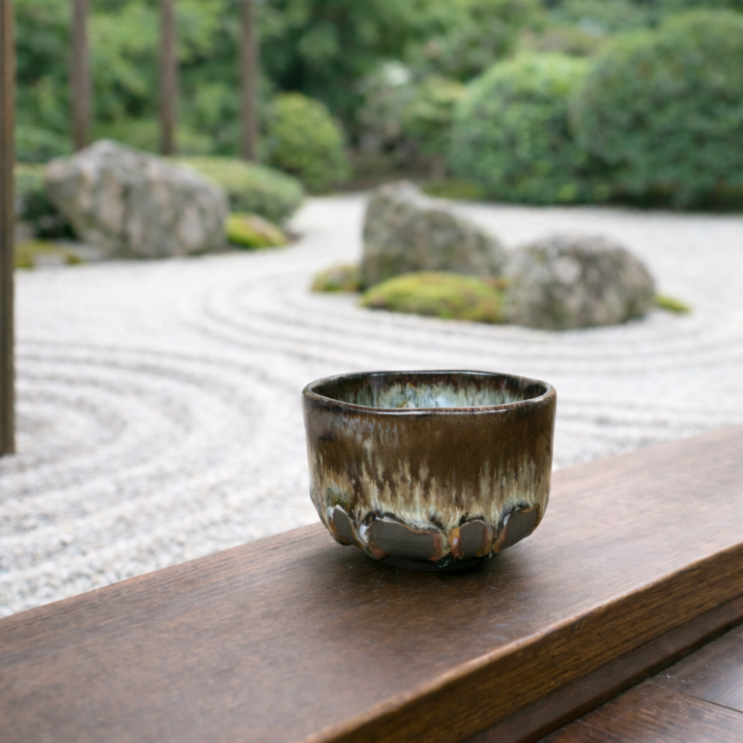 美濃焼 抹茶碗3点セット 黒土錦糸流紋線