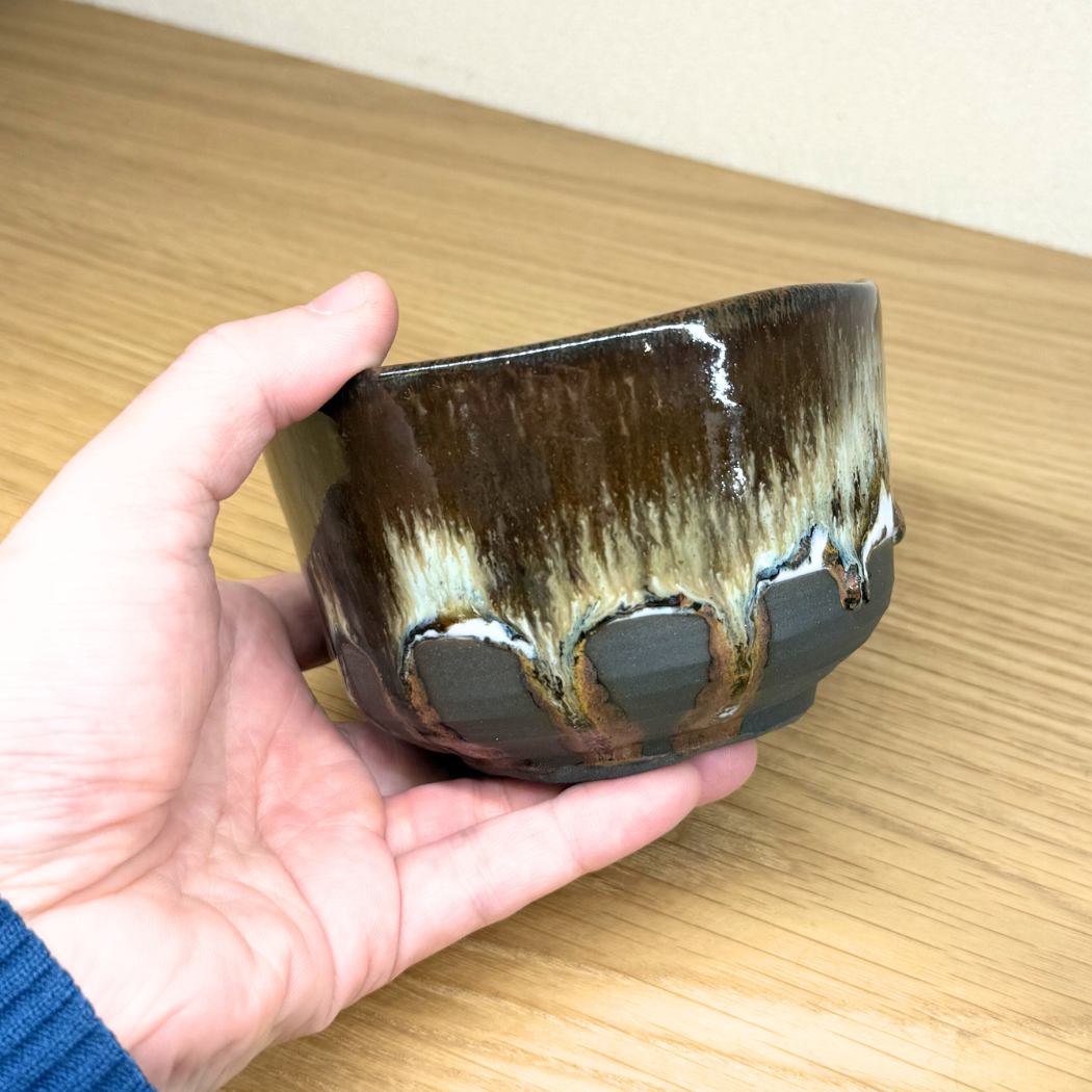 美濃焼 抹茶碗3点セット 黒土錦糸流紋線