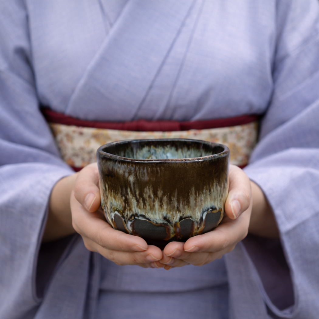 美濃焼 抹茶碗3点セット 黒土錦糸流紋線