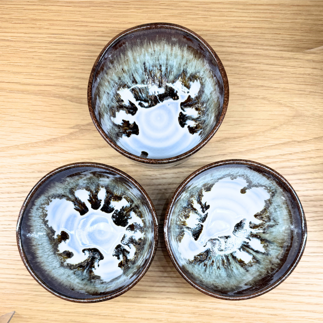 美濃焼 抹茶碗3点セット 黒土錦糸流紋線