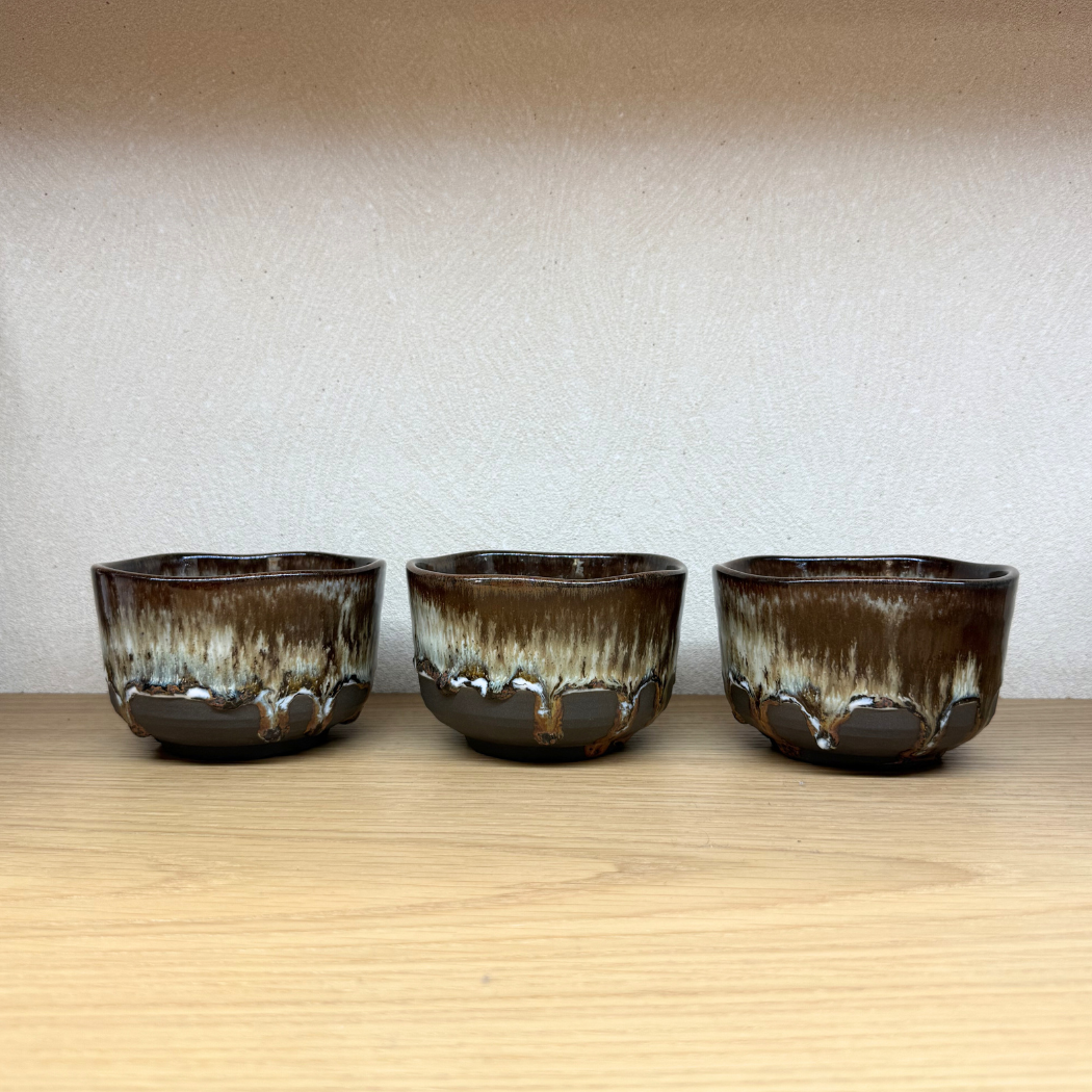 美濃焼 抹茶碗3点セット 黒土錦糸流紋線
