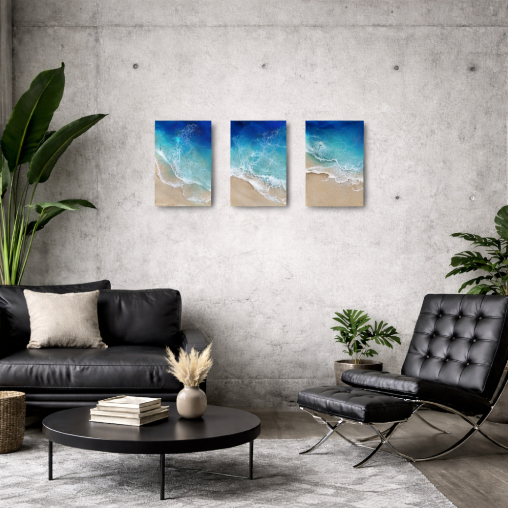 沖縄の海を閉じ込めた、沖縄ブルーの波紋レジンアートパネル｜モダンインテリア