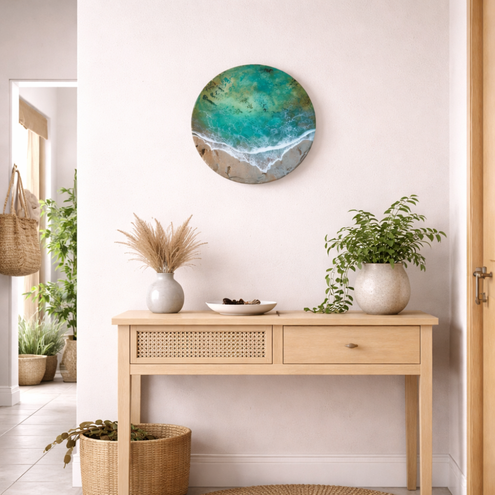 沖縄の海を閉じ込めた、沖縄ブルーの波紋レジンアートパネル｜モダンインテリア